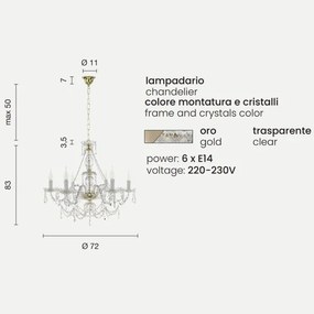 Lampadario a sospensione OPERA in vetro lavorato a mano 6 LUCI ORO