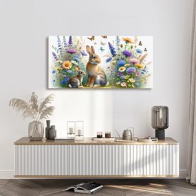 Quadro su tela – Fiori di campo e coniglietti tra le farfalle