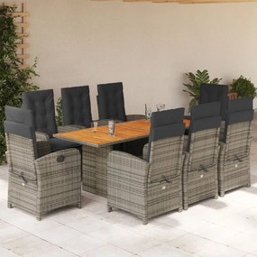 Set da pranzo da giardino 9 pz con cuscini in polyrattan grigio