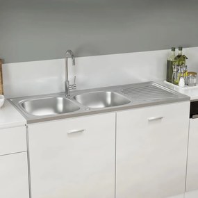 Lavello Cucina Doppia Vasca 1200x500x155mm Argento Acciaio Inox /