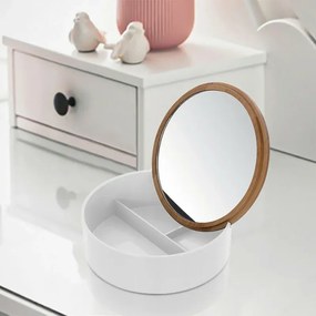 Porta trucchi da bagno tondo in plastica bianca e bamboo completo di specchio