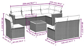 Set divano da giardino 9 pz con cuscini beige in polyrattan