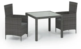 Set da pranzo per esterni 3 pz con cuscini in polyrattan grigio