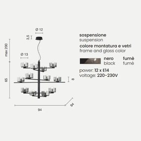 Lampada a sospensione FIGARO 94 cm a 12 luci in metallo con diffusori in vetro NERO