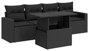 Set divani da giardino 5 pz con cuscini in polyrattan nero