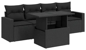 Set divani da giardino 5 pz con cuscini in polyrattan nero