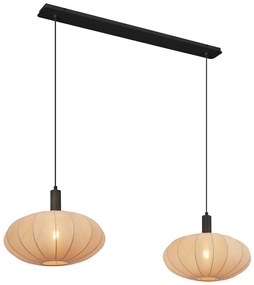Lampada a sospensione Japandi nera con paralume in tessuto marrone a 2 luci - Bida
