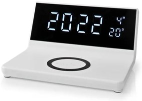 Nedis WCACQ20WT - Orologio a sveglia con display LCD e senza fili caricatore 15W/5V bianco