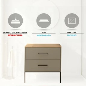 Mobile bagno sospeso 80cm tortora con due cassetti e specchio Brik