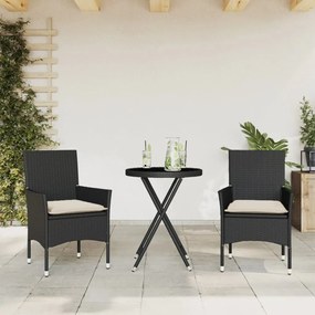 Set Da Bistrò 3 Pz Con Cuscini Nero Polyrattan E Vetro /