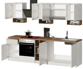 Cucina Lineare SOLE 256 cm - Bianco Lucido e Rovere, Design Moderno Made in Italy