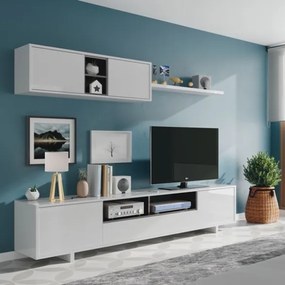 Parete Attrezzata Soggiorno Con Mobile TV E Pensili Design Moderno Bianco Grigio