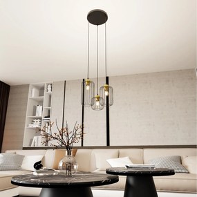 Sospensione Minimal Industrial Minerva 3 Luci Tonda Nera E Oro