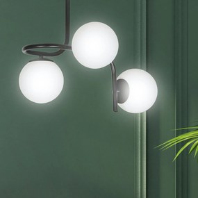 Lampadario 3 Luci Rama In Acciaio Nero A Bracci E Sfere In Vetro Opalino