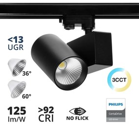 Faro LED 42W Binario Trifase CRI92, 125lm/W, UGR13, 36°/60°, PHILIPS CertaDrive Colore Bianco Variabile CCT