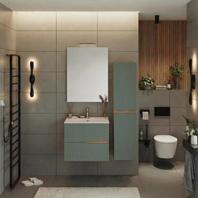 Mobile bagno Eva 60 cm, completo di lavabo in ceramica e specchio a filo con Led, 2 cassetti rovere naturale e verde salvia cannettato.