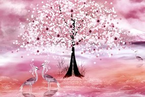 Stampa su tela – Aironi sotto un albero magico in versione rosa