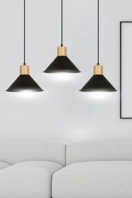 Sospensione Nordica 3 Luci Rowen In Acciaio Nero E Legno