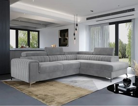 Divano angolare grigio allungabile/con contenitore (con penisola a destra/a L) e rivestimento in velluto Laurence – ELTAP