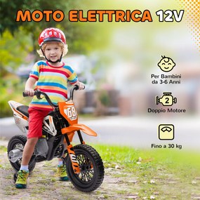 Moto Elettrica per Bambini 3-6 Anni 107x56x70 cm Batteria 12V e Rotelle Rimovibili Arancione...