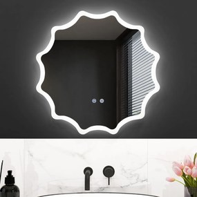 Costway Specchio da bagno a LED 60x60cm con bordo ondulato e luci a 3 colori e anti-appannamento, Specchio da parete Argento