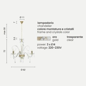 Lampadario a sospensione in cristallo MARIATERESA liscio 3 luci