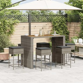 Set bar da giardino 7 pz con cuscini in polyrattan grigio