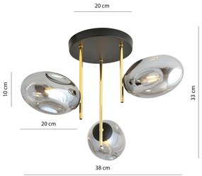 Plafoniera Contemporanea Argo 3 Luci In Acciaio Nero Oro E Diffusori Vetro Fumè