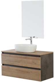 Mobile Bagno Sospeso con Lavabo da Appoggio e Specchio 2 Cassetti Salvaspazio in Legno cm 100 – Rovere di Bordeaux