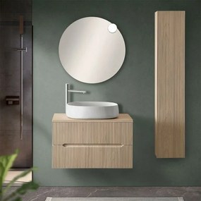 Mobile bagno sospeso 80 cm rovere chiaro cannettato con top e specchio Bali