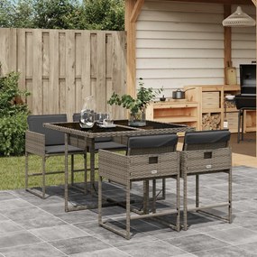 Set da pranzo da giardino 5 pz con cuscini in polyrattan grigio