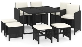 Set da pranzo da giardino 9 pz con cuscini in polyrattan nero