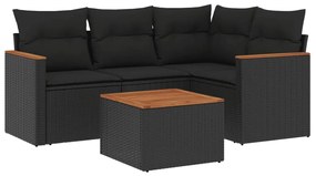 Set divani da giardino 5 pz con cuscini in polyrattan nero