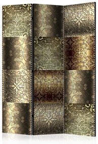 Paravento separè Piastrelle metalliche (3 parti) - disegno ornamenti dorati