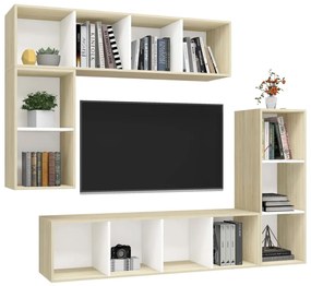 Set porta tv 4 pz bianco e rovere sonoma in truciolato