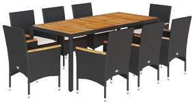 Set pranzo da giardino 9 pz con cuscini nero polyrattan acacia