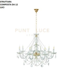 Lampadario opera 12 luci trasparente e oro attacco e14 vetro e cris...