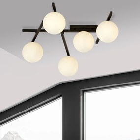 Plafoniera Moderna 5 Luci Teti In Acciaio Nero Bracci Regolabili E Vetro Opale