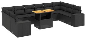 Set divani da giardino 11 pz con cuscini in polyrattan nero