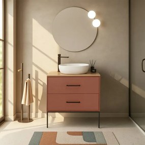 Mobile bagno sospeso 80cm terracotta con due cassetti e specchio Brik