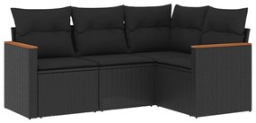 Set divani da giardino 4 pz con cuscini nero in polyrattan