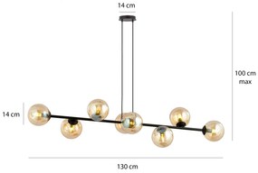 Lampadario Contemporaneo 8 Luci Rossi In Acciaio Nero E Sfere In Vetro Ambra