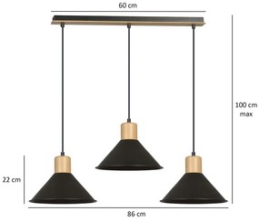 Sospensione Nordica 3 Luci Chandra In Acciaio Nero E Legno