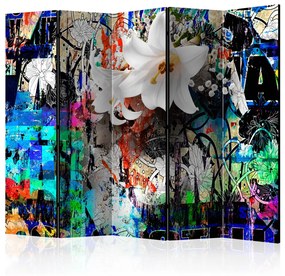Paravento Giglio Urbano II (5 parti) - astrazione colorata con fiori bianchi