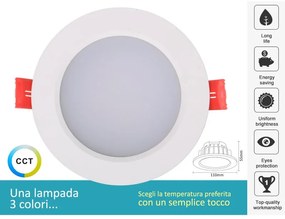 Lampada Faretto Led Da Incasso 10W CCT Dimmerabile Triac Dimmer 2700K 4000K 6000K 3 In 1 Diametro 110mm Carcassa Bianca