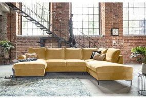 Divano letto a U in velluto giallo senape, angolo destro Lofty Lilly - Miuform