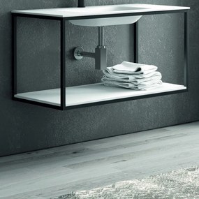 Kamalu - composizione bagno metallica nera 100cm con lavabo e ripiano solid surface, specchio nero nico-100n