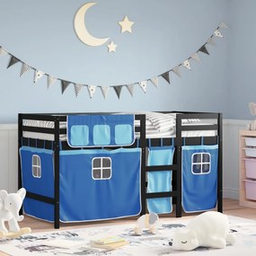 Letto A Soppalco Bambini Con Tende Blu 90x190 Cm Massello Pino /