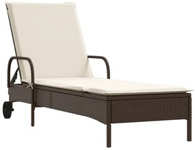 Lettino prendisole con ruote e cuscino in polyrattan marrone