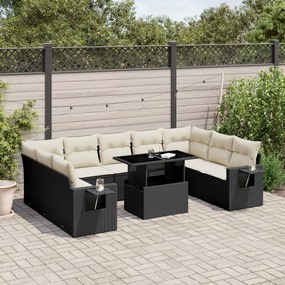 Set divani da giardino 10pz con cuscini in polyrattan nero